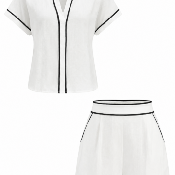 White Two-Piece Set with Black Piping Short Sleeve Top and High-Waisted Shorts