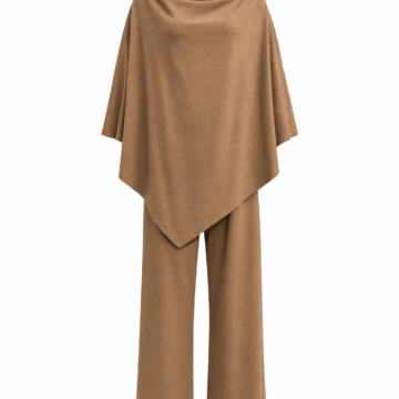 Camel Brown Cowl Neck Top and Wide-Leg Pants Set