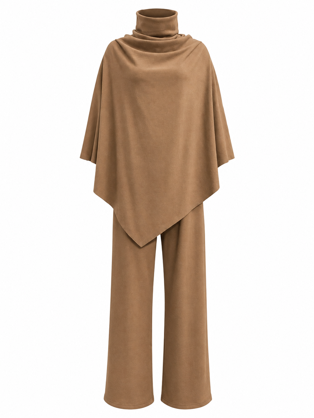 Camel Brown Cowl Neck Top and Wide-Leg Pants Set
