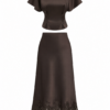 Dark Brown Flutter Sleeve Top and Lace Trim Midi Skirt Set