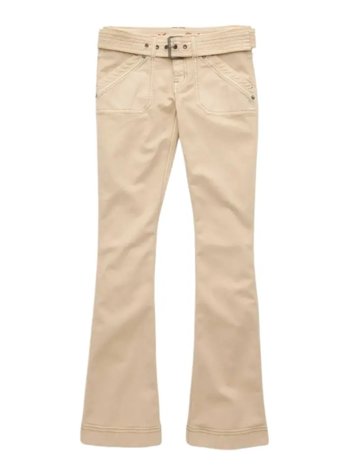 Beige High Rise Flared Pants with Belt