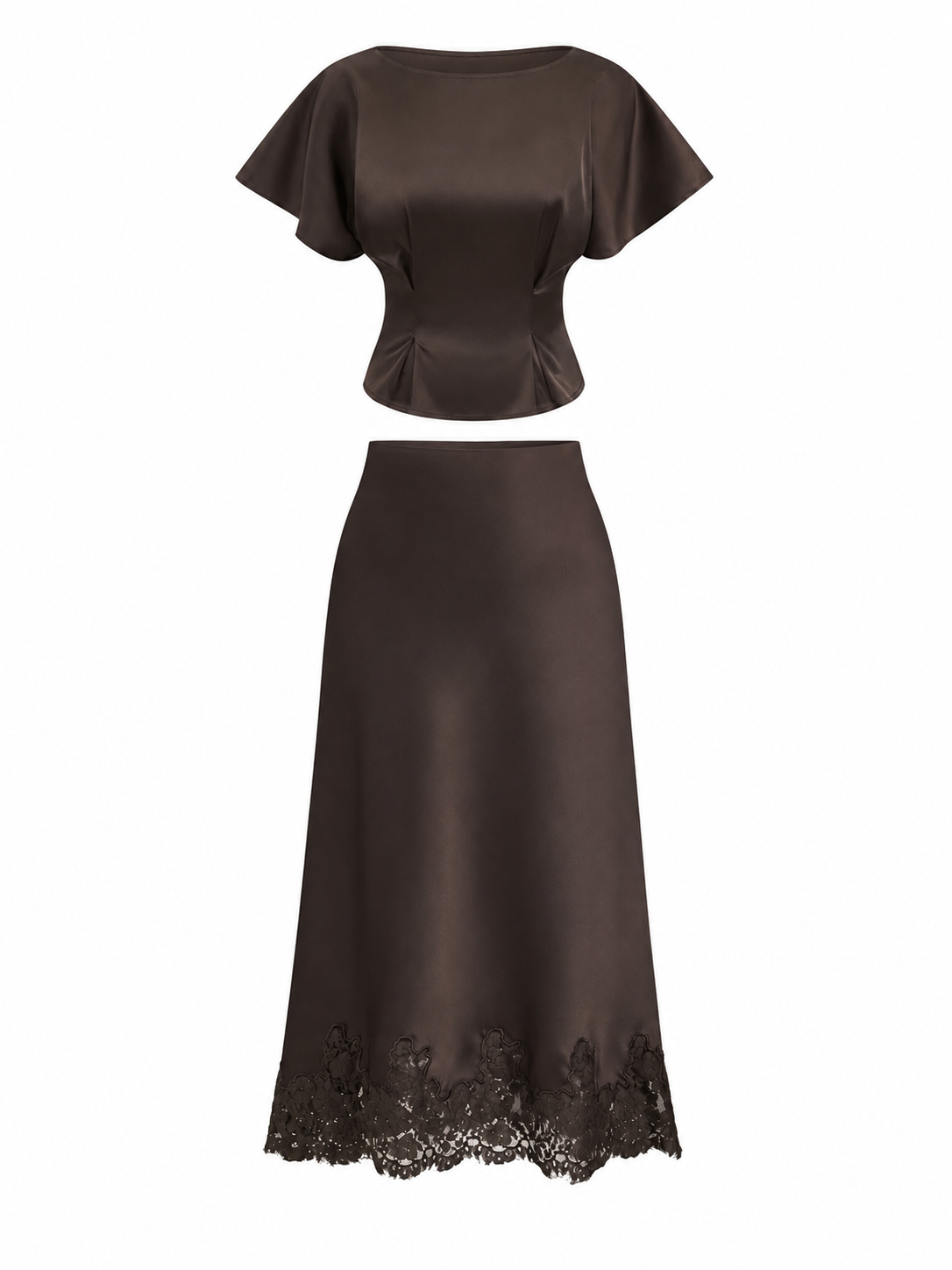 Dark Brown Flutter Sleeve Top and Lace Trim Midi Skirt Set