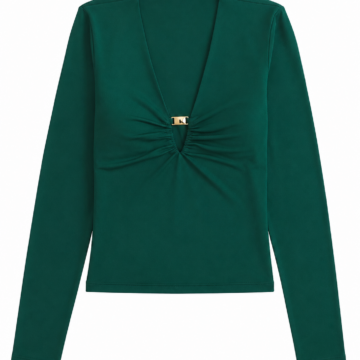 Dark Green Ruched V-Neck Long Sleeve Fitted Top with Metal Clasp