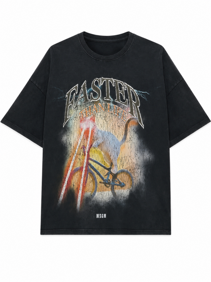 Faded Black Oversized Crew Neck T-Shirt with Graphic Print