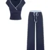 Dark Navy V-Neck Ruched Top and Wide-Leg Pants Set