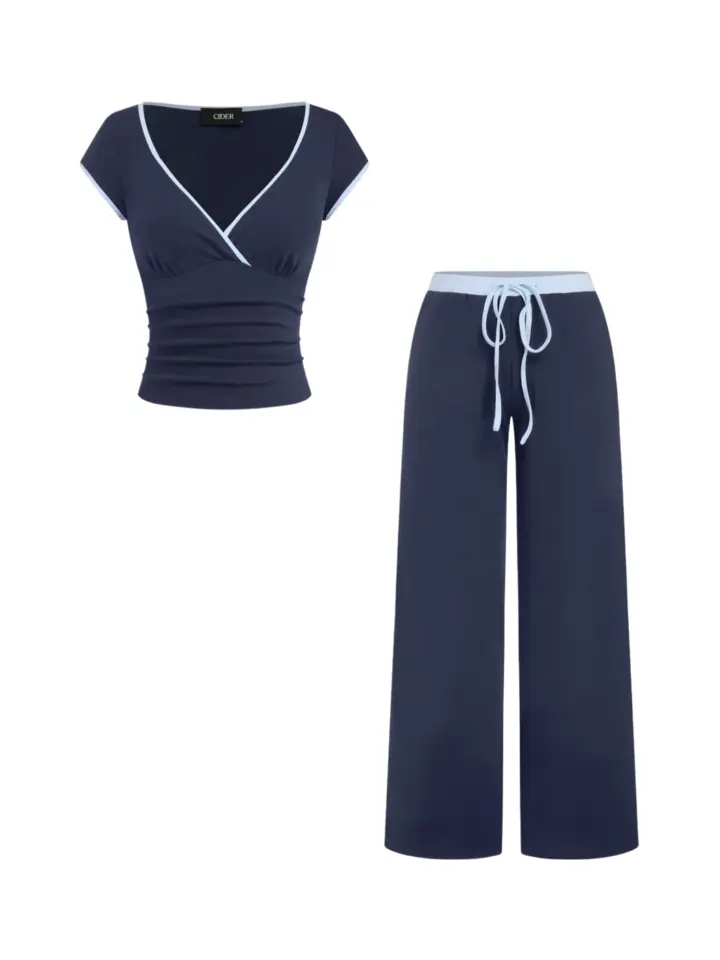 Dark Navy V-Neck Ruched Top and Wide-Leg Pants Set