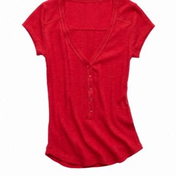 Red Heathered Knit Henley Top with V-Neck and Cap Sleeves