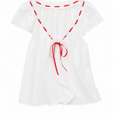 White Off-the-Shoulder Lace Blouse with Red Ribbon Tie Detail