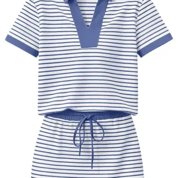 Blue and White Striped Polo Top and Mini Skirt Set