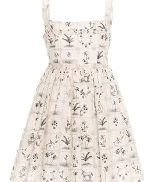 Off-White Botanical Print Square Neck Fit-and-Flare Mini Dress