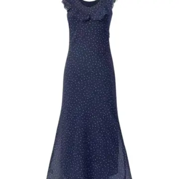 Navy Micro-Dot Ruffle Cap Sleeve Fit-and-Flare Maxi Dress