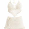 Cream Crochet Halter Bralette and Mini Skirt Two-Piece Set with Pompom Fringe