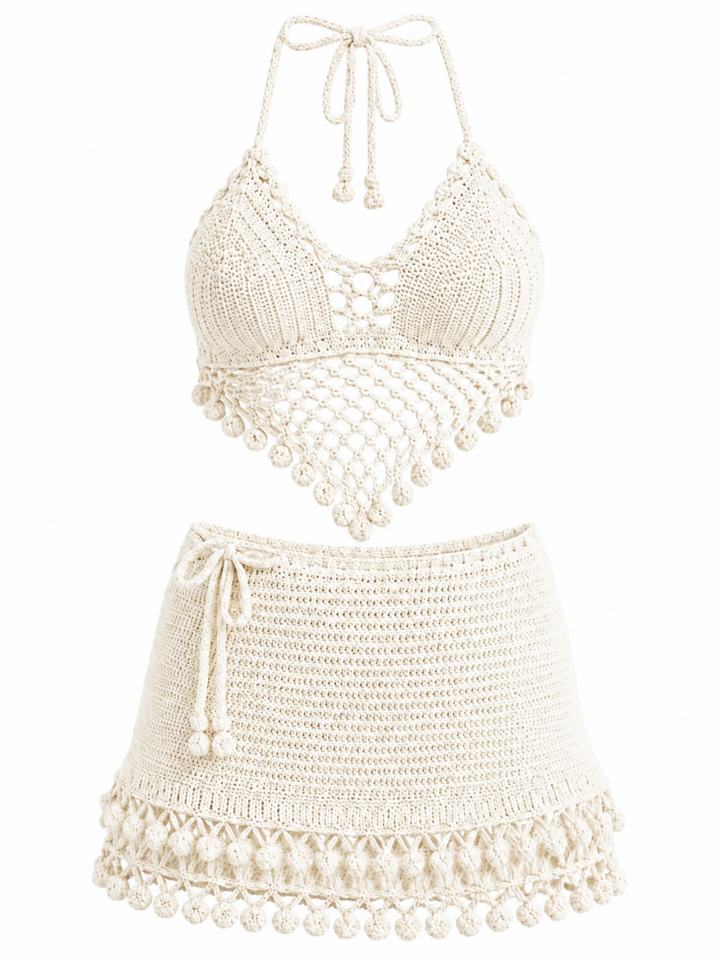 Cream Crochet Halter Bralette and Mini Skirt Two-Piece Set with Pompom Fringe
