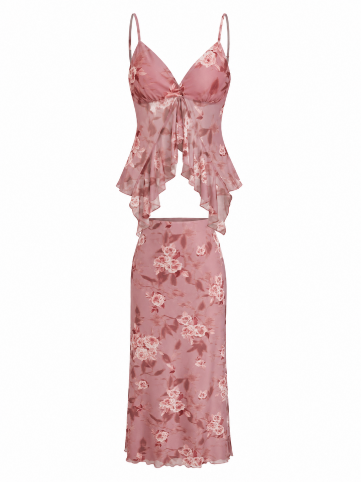 Dusty Rose Floral Print Cami and Midi Skirt Set