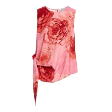 Pink Sleeveless Top with Large Rose Print and Asymmetrical Hem